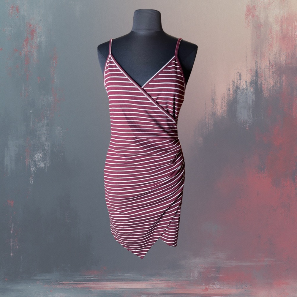 Popular Basics Burgundy Striped Bodycon Dress XL Faux Wrap Stretch